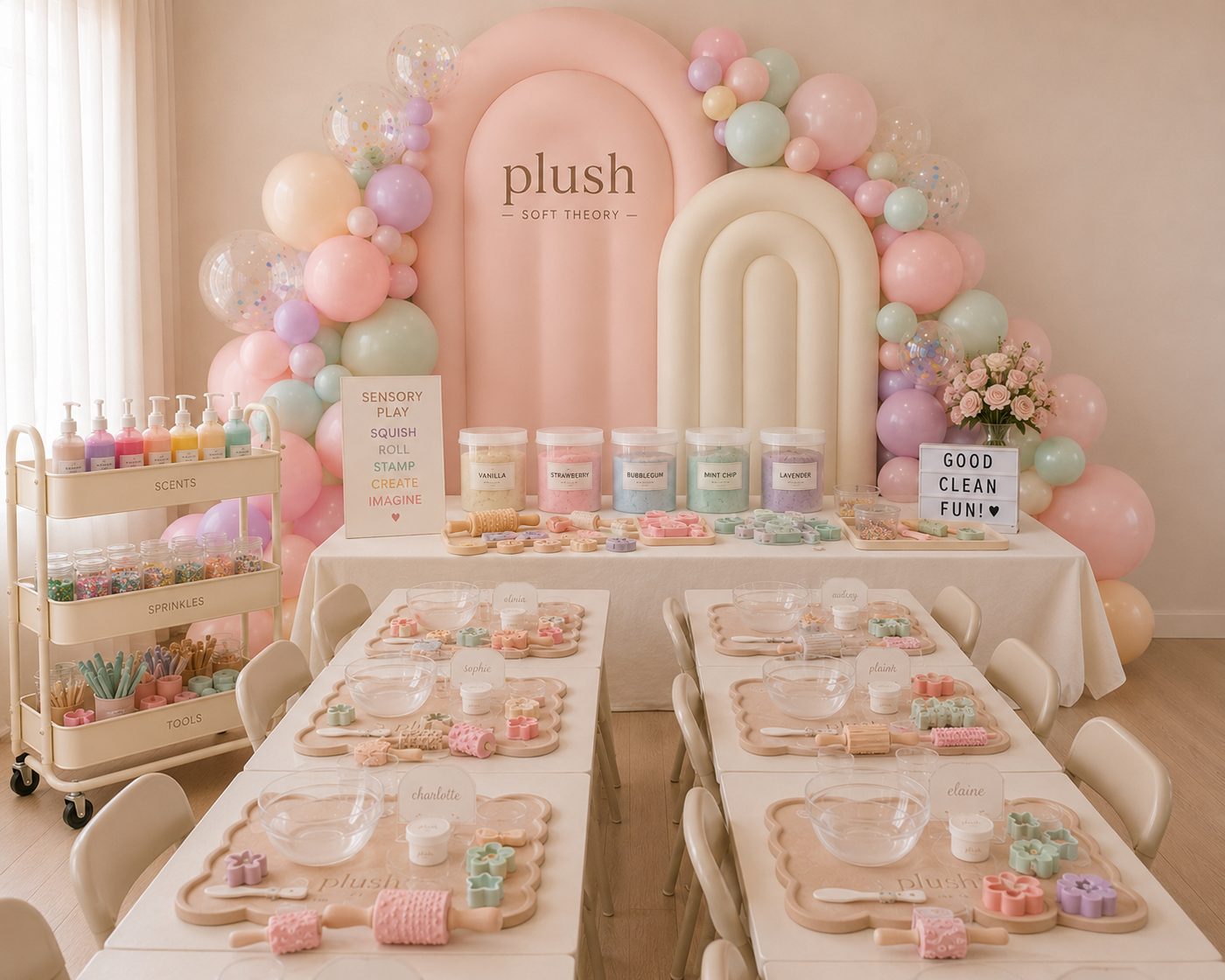 Plush Soft Theory Dough and Dream workshop party setup