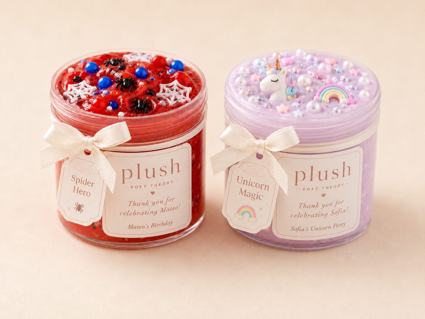 Custom party favor jars — Spider Hero and Unicorn Magic themes