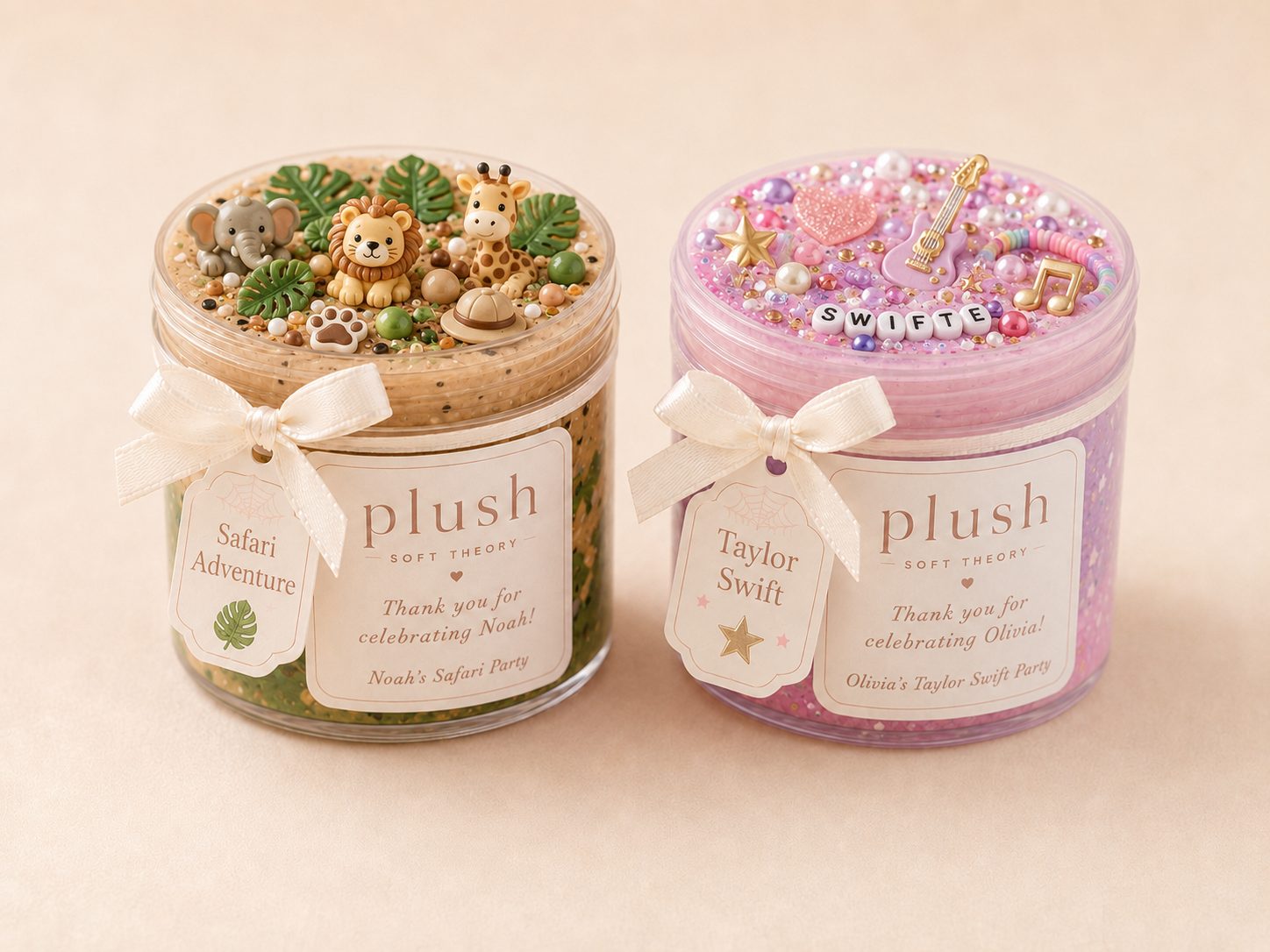 Custom party favor jars — Safari Adventure and Taylor Swift themes