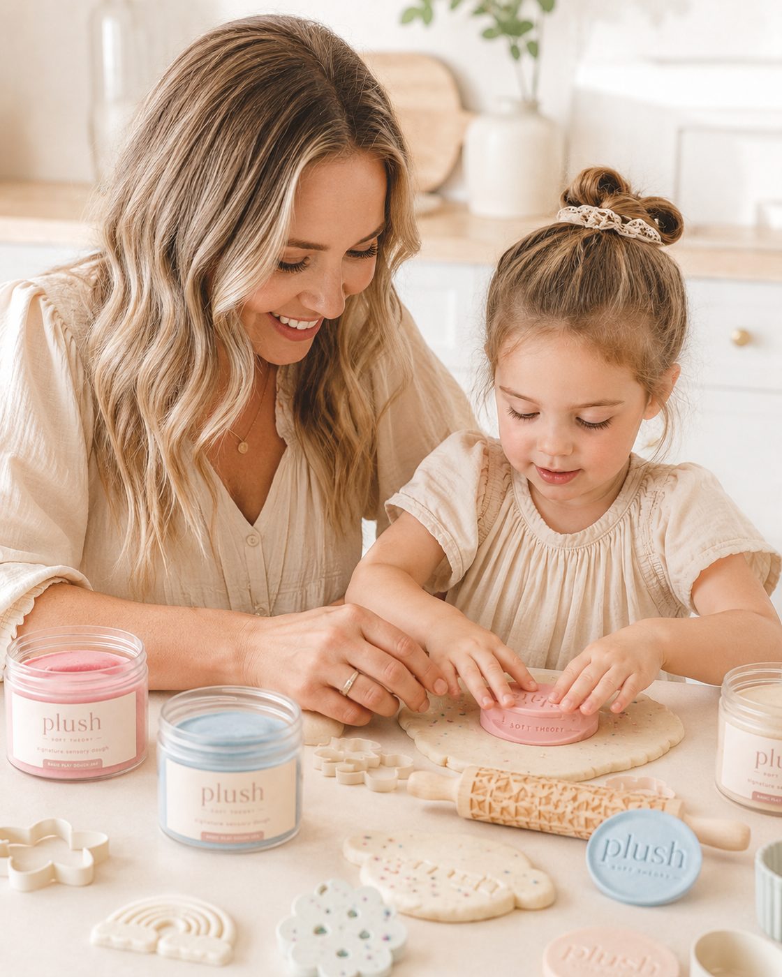 Two girls playing with Plush mermaid dough