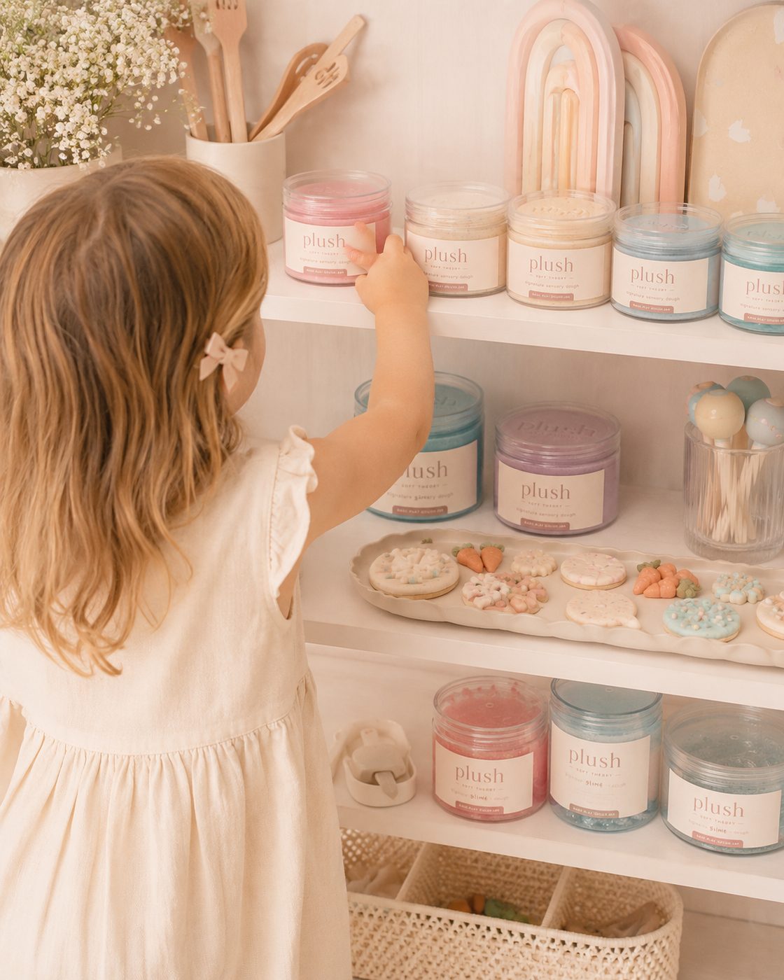 Girls at a party with Plush sensory dough