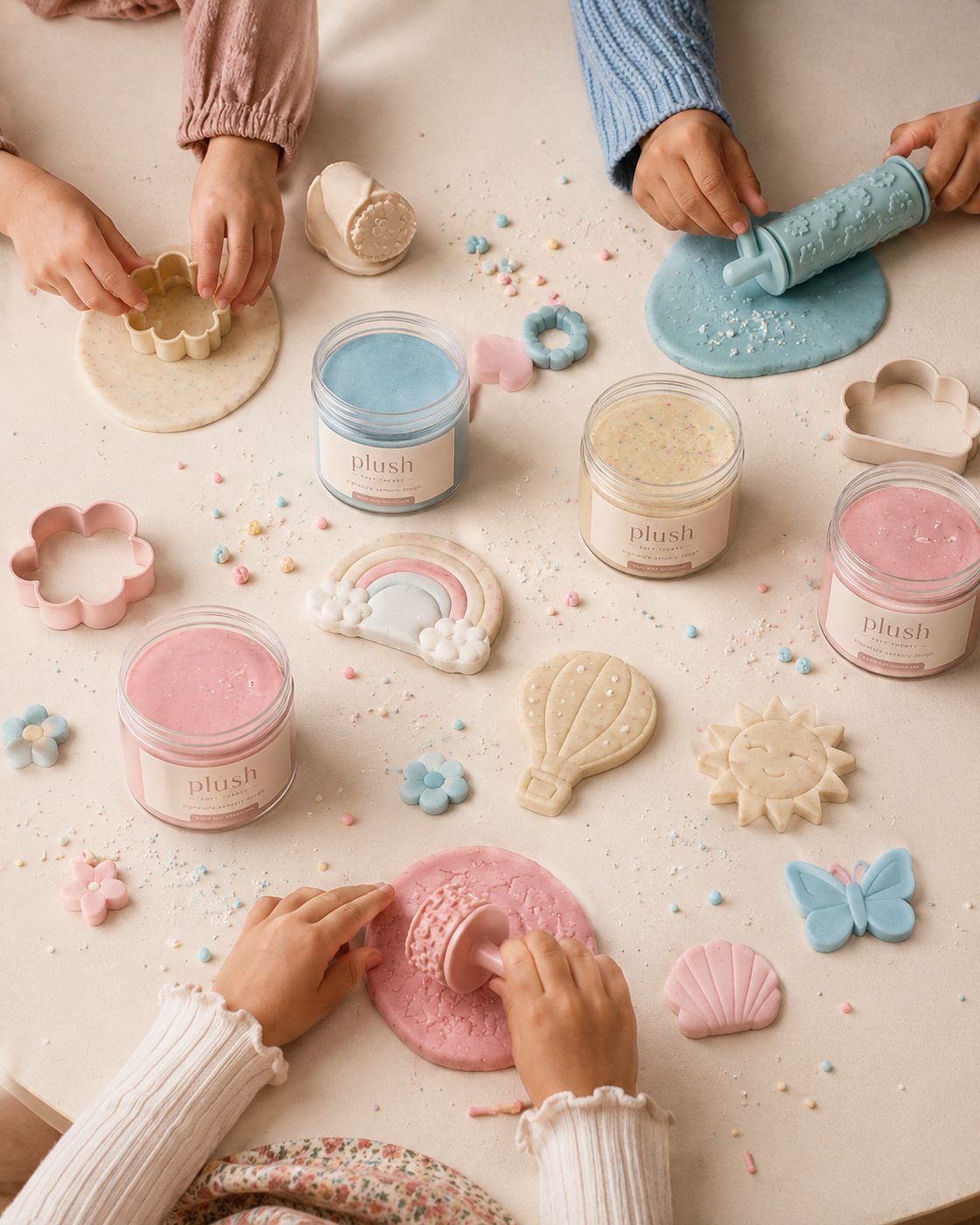 Kids playing with Plush play dough flat lay