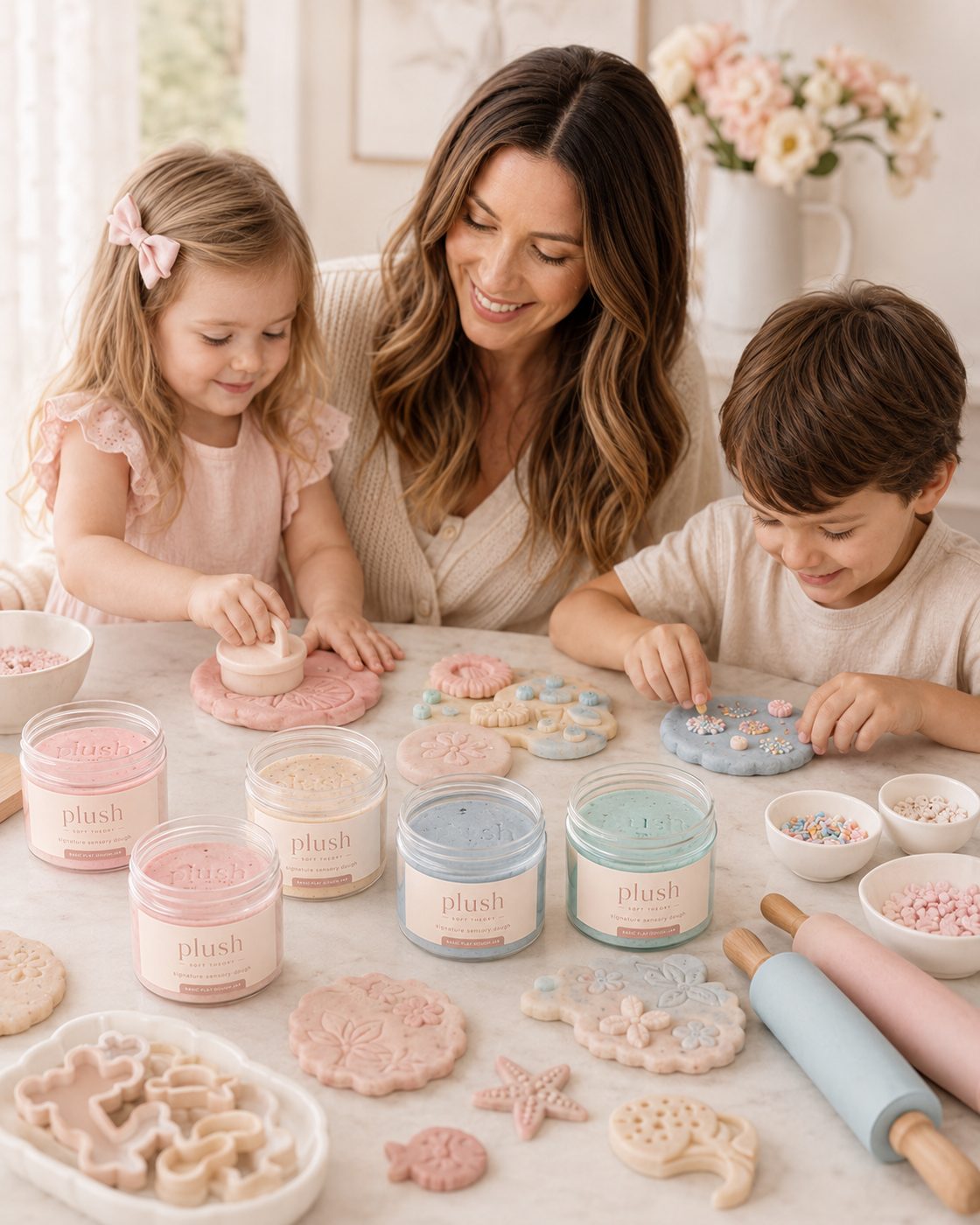 Three kids playing with Plush sensory dough