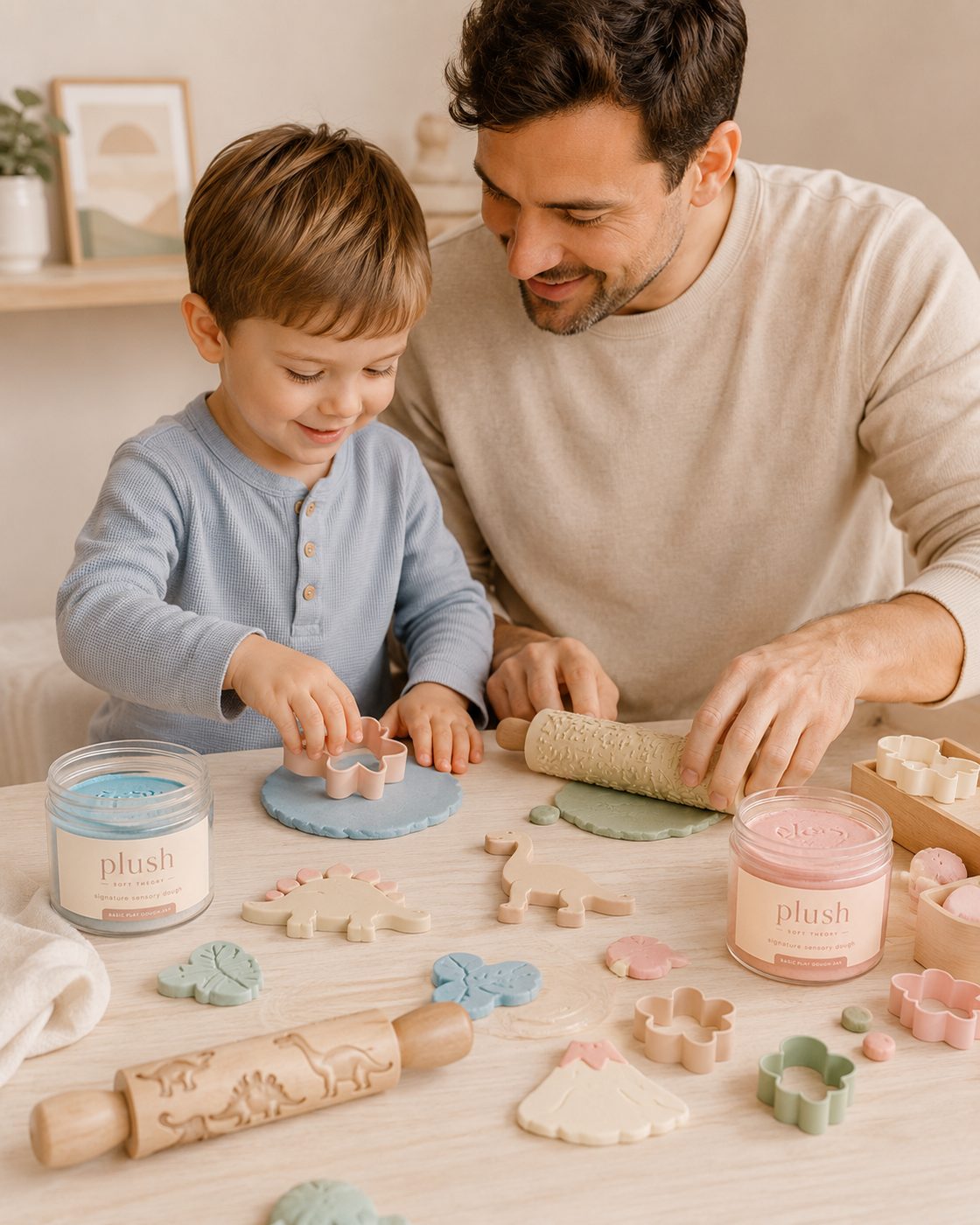 Little girl reaching for Plush jars on shelf