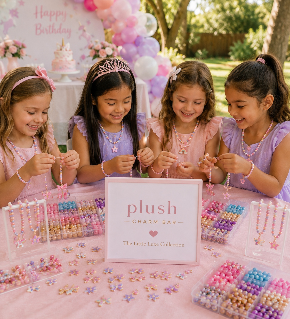 Kids making jewellery at Plush Little Luxe Charm Bar