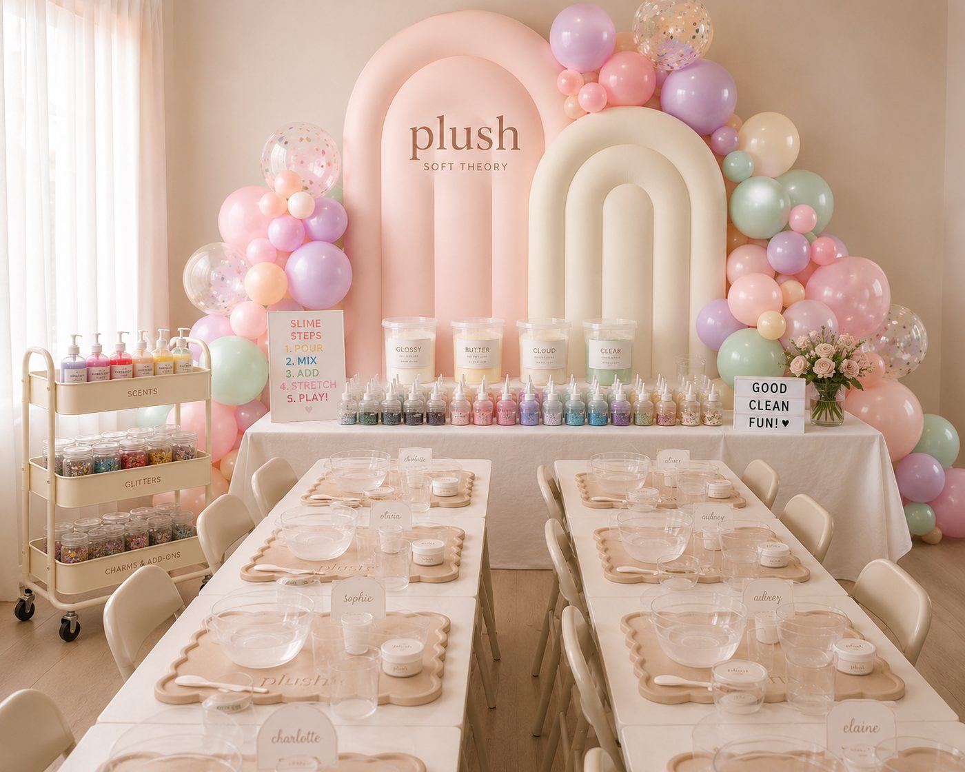 Plush Soft Theory Slime Lab party setup