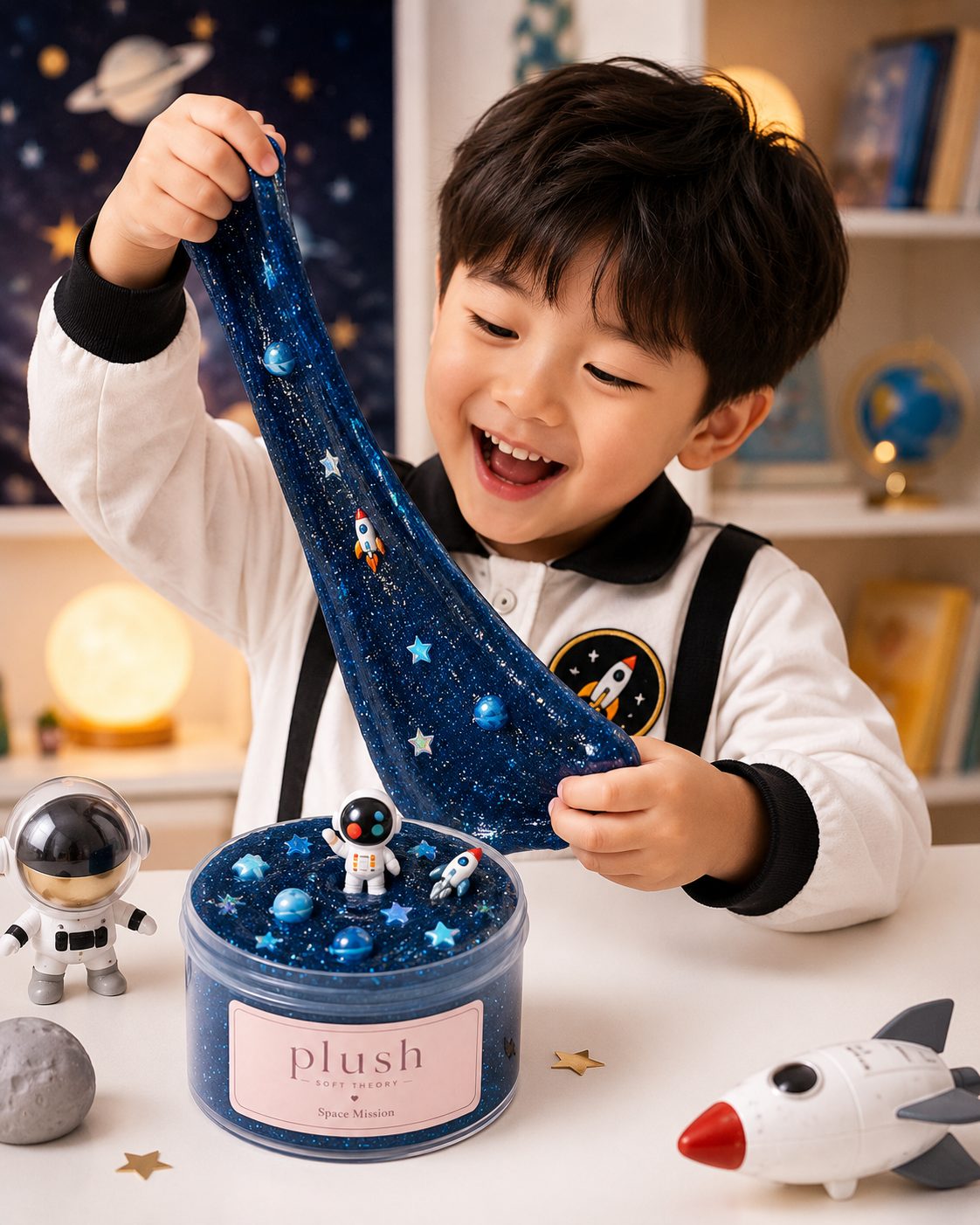 Boy playing with Plush Soft Theory Space Mission slime