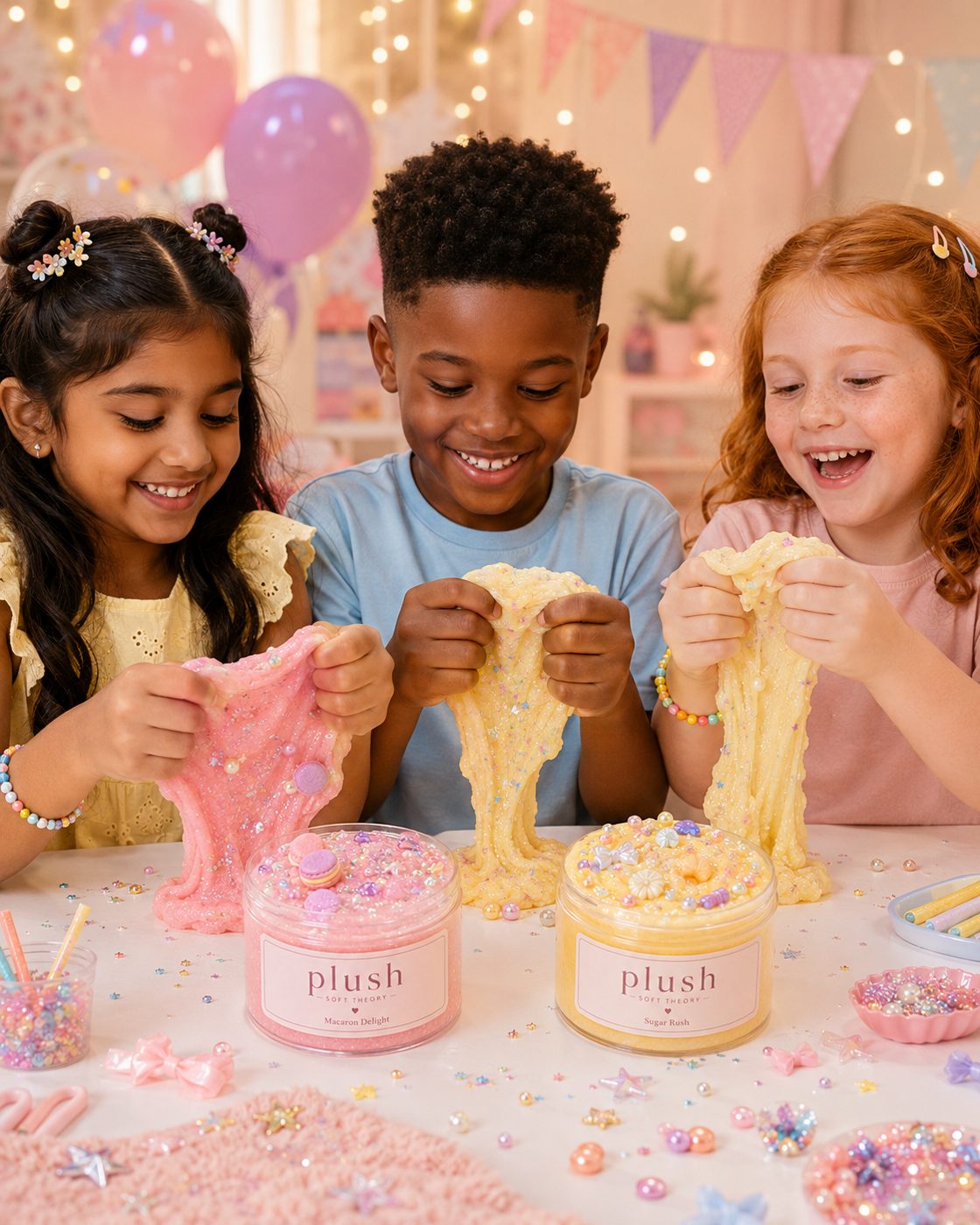 Three kids playing with Plush Soft Theory Macaron Delight and Sugar Rush slime